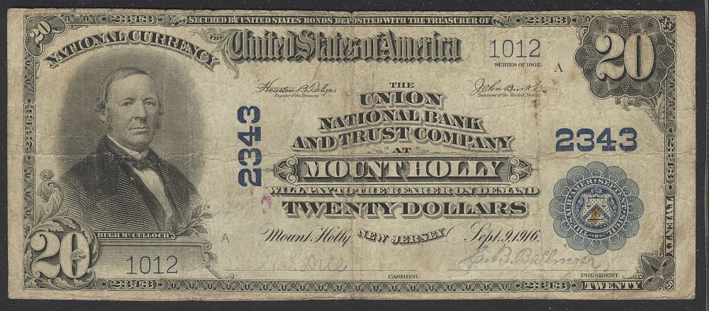 Mount Holly, NJ, Ch.#2343. 1902PB $20, 1012, F